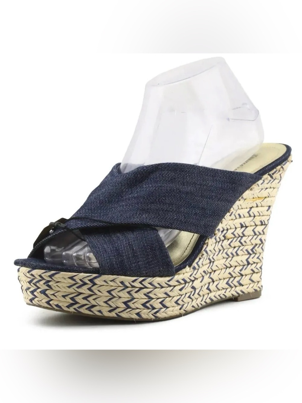 Jennifer Lopez Navy Denim Crisscross Espadrille Wedge Mules